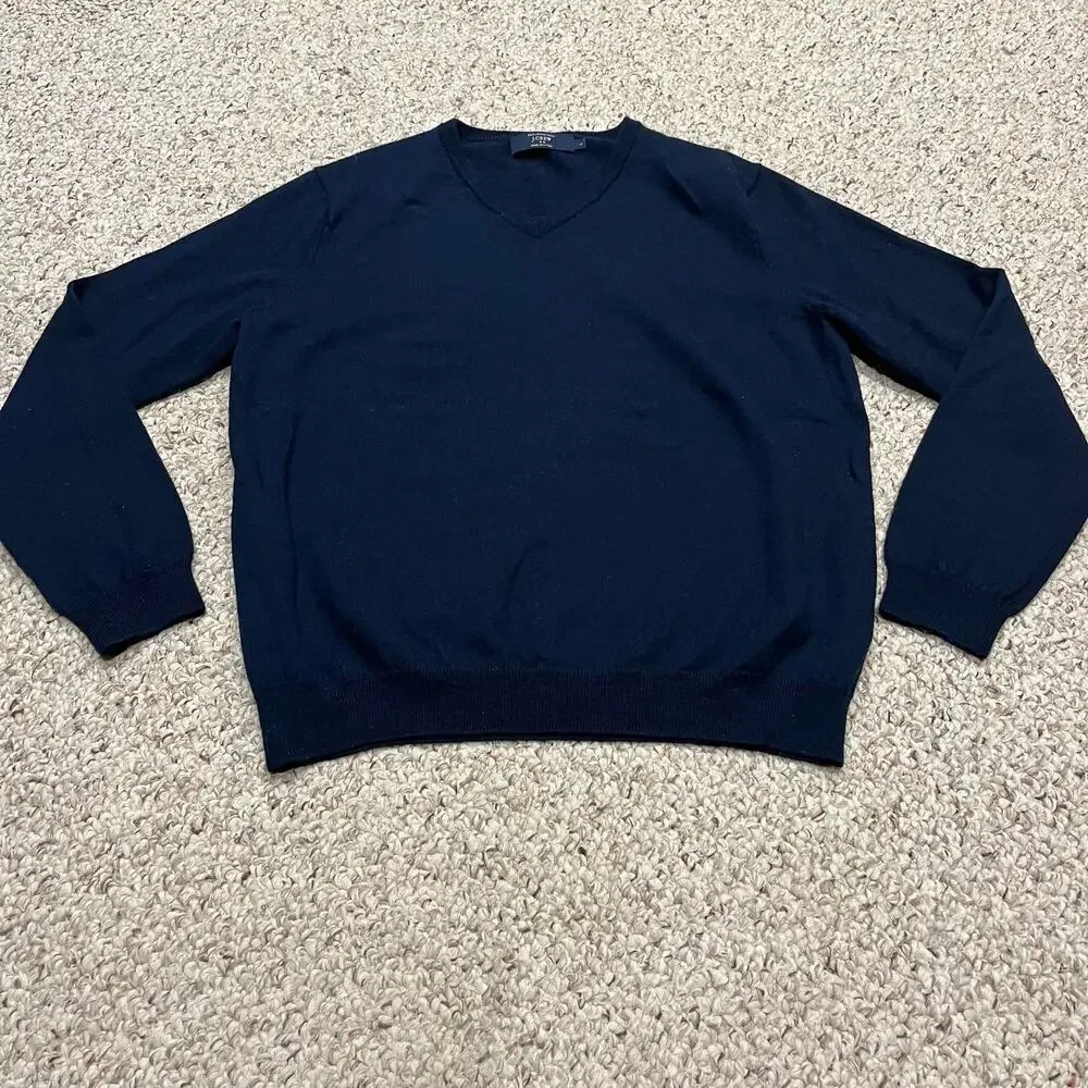 J Crew Merino Wool V-Neck Sweater Mens L Navy Blue Preppy Old Money Classic